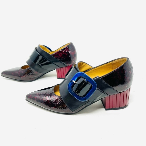 John Fluevog Black Burgundy Navy Red Patent Leather Shoe - Picture 5 of 12